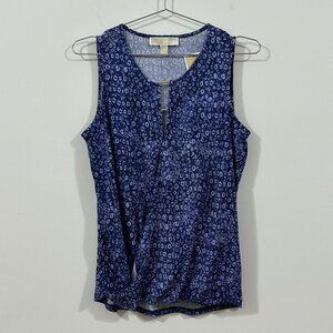 MICHAEL KORS Womens M Sleeveless Faux Wrap Top Navy Geo Print Beaded Neckline